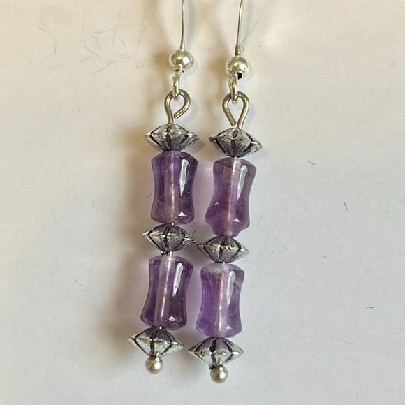 Lavender Purple Amethyst Bead Earrings Silver Plated Dangle Semiprecious - Picture 6 of 9